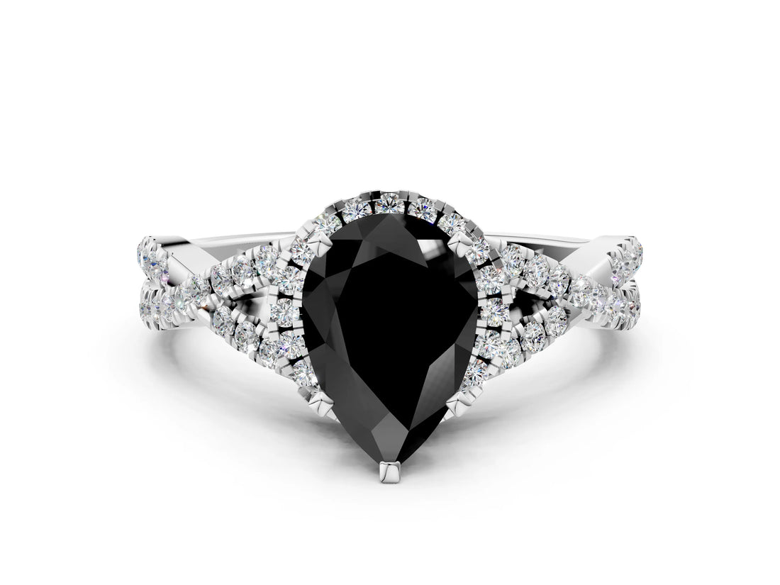 White gold Fancy Black Pear Cut Diamond  Halo Twist Band Solitaire Prong Setting Ring_12