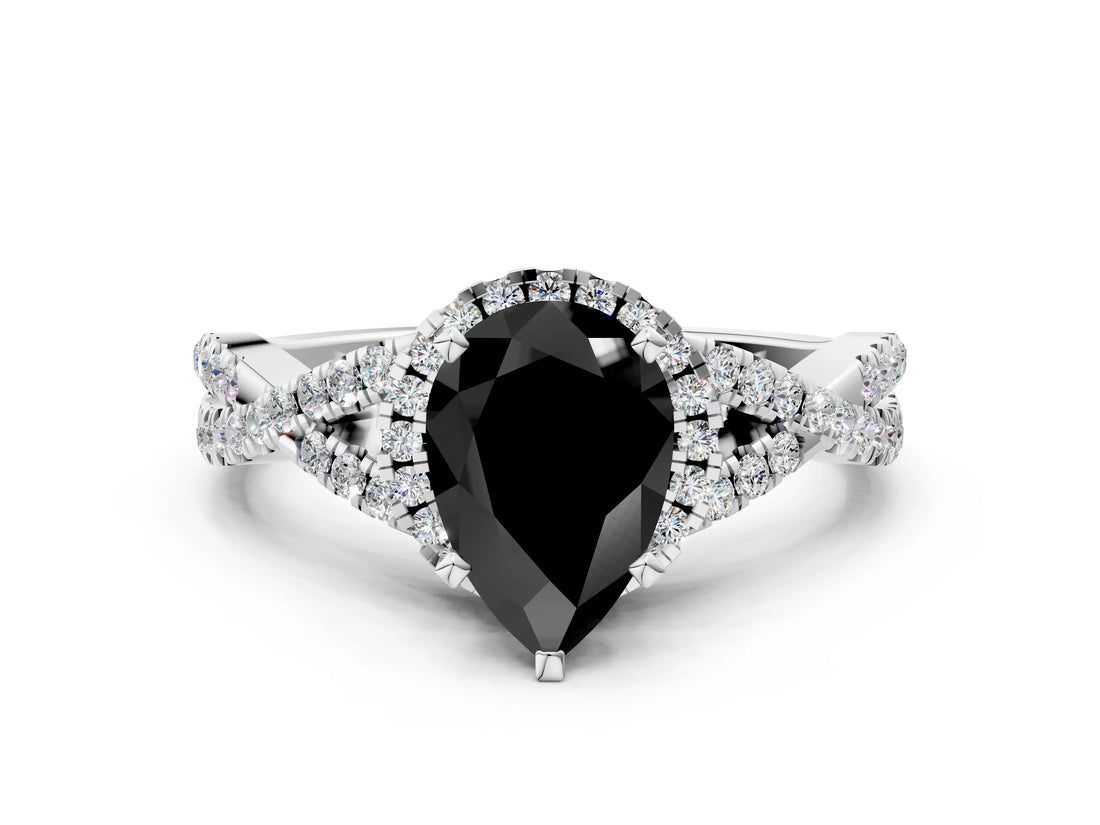 White gold Fancy Black Pear Cut Diamond Halo Twist Band Solitaire Prong Setting Ring
