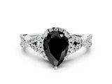 White gold Fancy Black Pear Cut Diamond Halo Twist Band Solitaire Prong Setting Ring