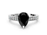 White gold Fancy Black Pear Cut Diamond Milgrain Pavé Engagement Ring with Four-Prong Setting