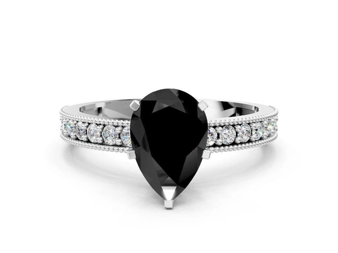 White gold Fancy Black Pear Cut Diamond Milgrain Pavé Engagement Ring with Four-Prong Setting