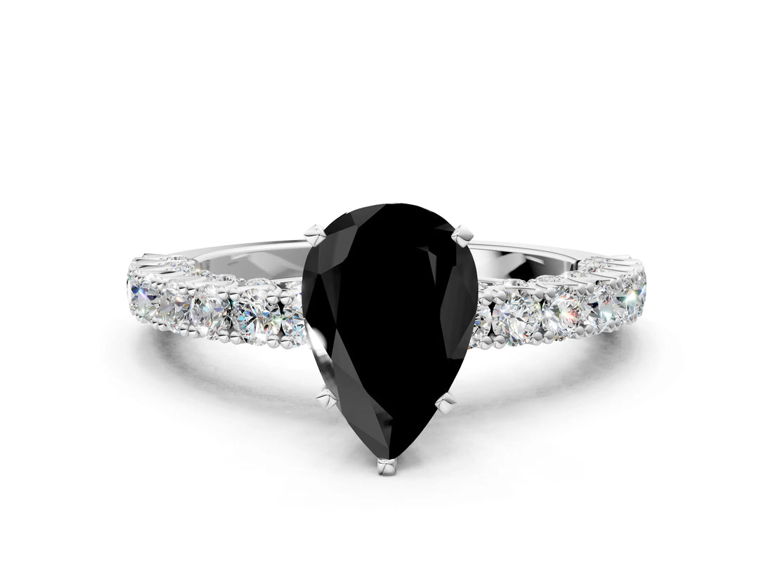 White gold Fancy Black Pear Cut Diamond Pavé Band Solitaire Ring with Prong Setting_24