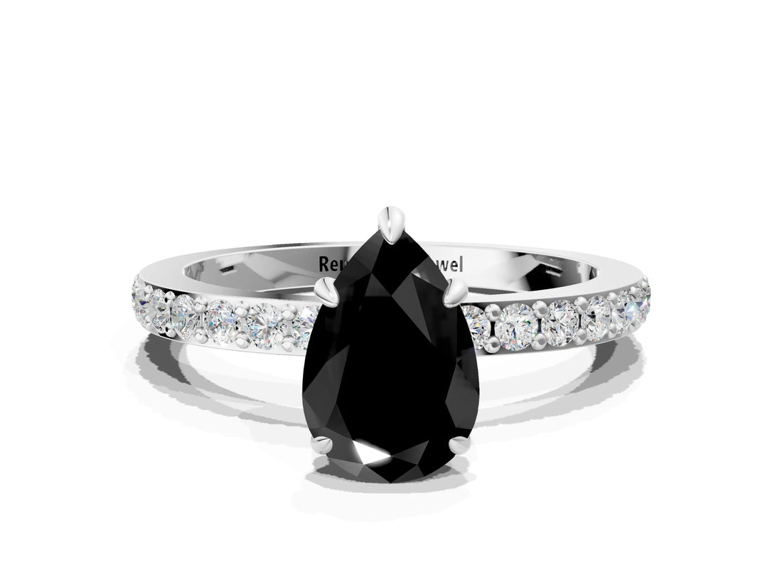 White gold Fancy Black Pear Cut Diamond Pavé Engagement Ring with Round  Accents and Prong Setting_24