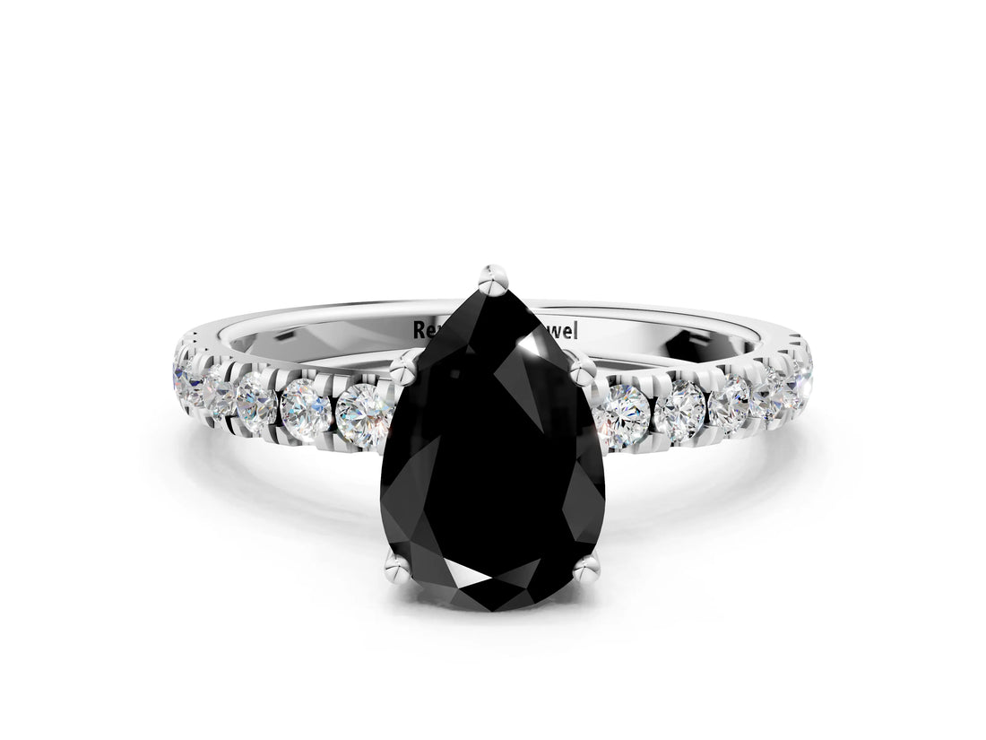 White gold Fancy Black Pear Cut Diamond Pave Band Solitaire Ring with Round  and Prong Setting_72