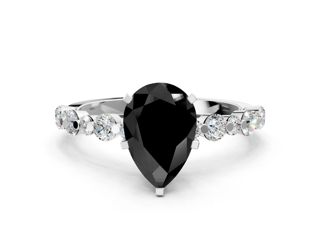 White gold Fancy Black Pear Cut Diamond Prong Set Engagement Ring with Pave Band