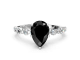 White gold Fancy Black Pear Cut Diamond Prong Set Engagement Ring with Pave Band