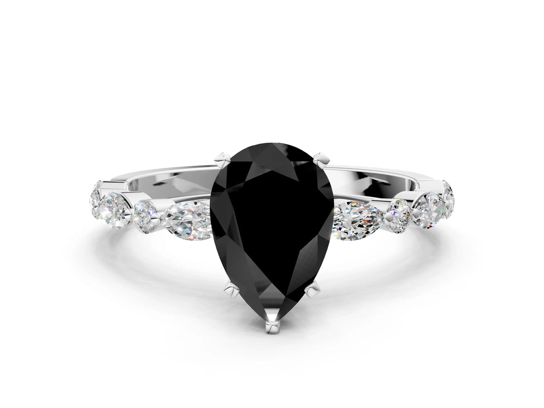 White gold Fancy Black Pear Cut Diamond Ring with Marquise and Round  Side Stones and Four-Prong Setting_84