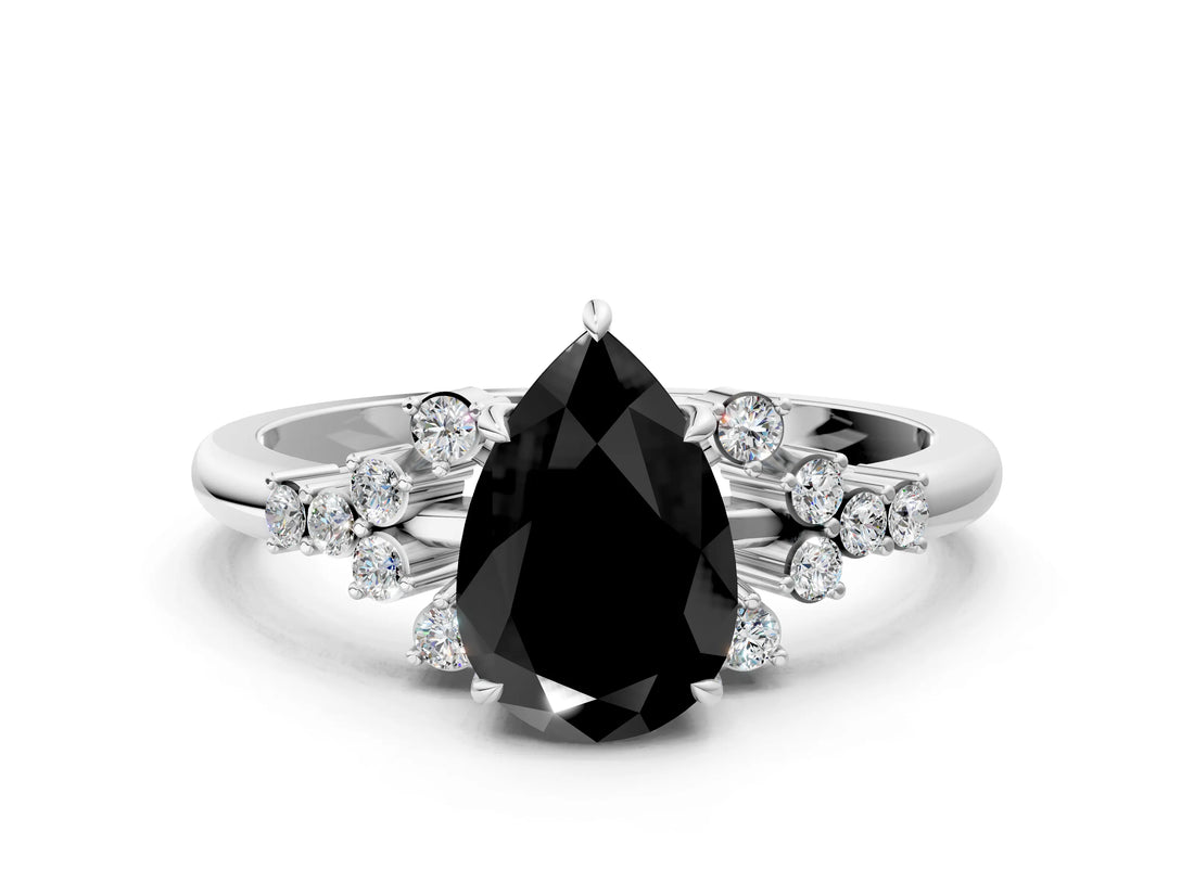 White gold Fancy Black Pear Cut Diamond Ring with Side Stones and Four-Prong Setting_60