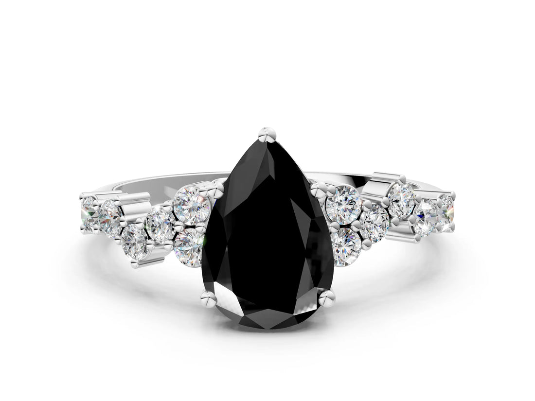 White gold Fancy Black Pear Cut Diamond Scattered Round Accent Ring with Prong Setting_12