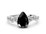 White gold Fancy Black Pear Cut Diamond Scattered Round Accent Ring with Prong Setting_12