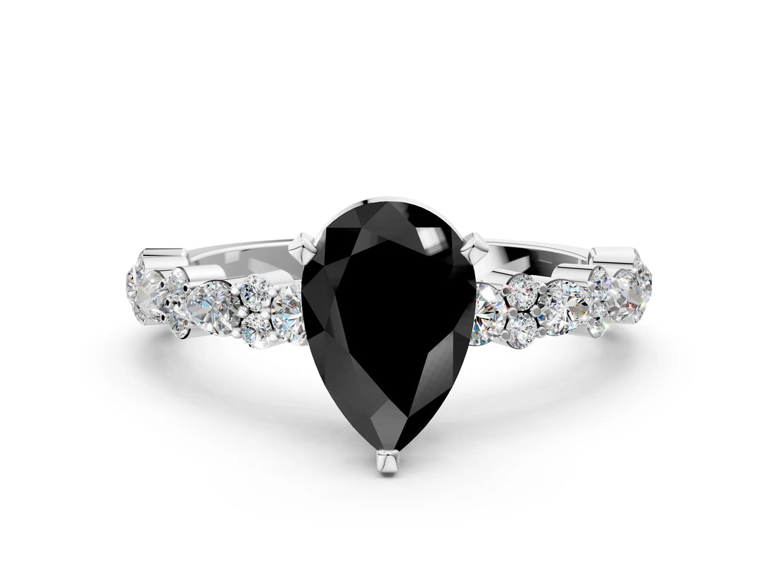 White gold Fancy Black Pear Cut Diamond Side Stone Solitaire Ring with Round  and Four-Prong Setting_12