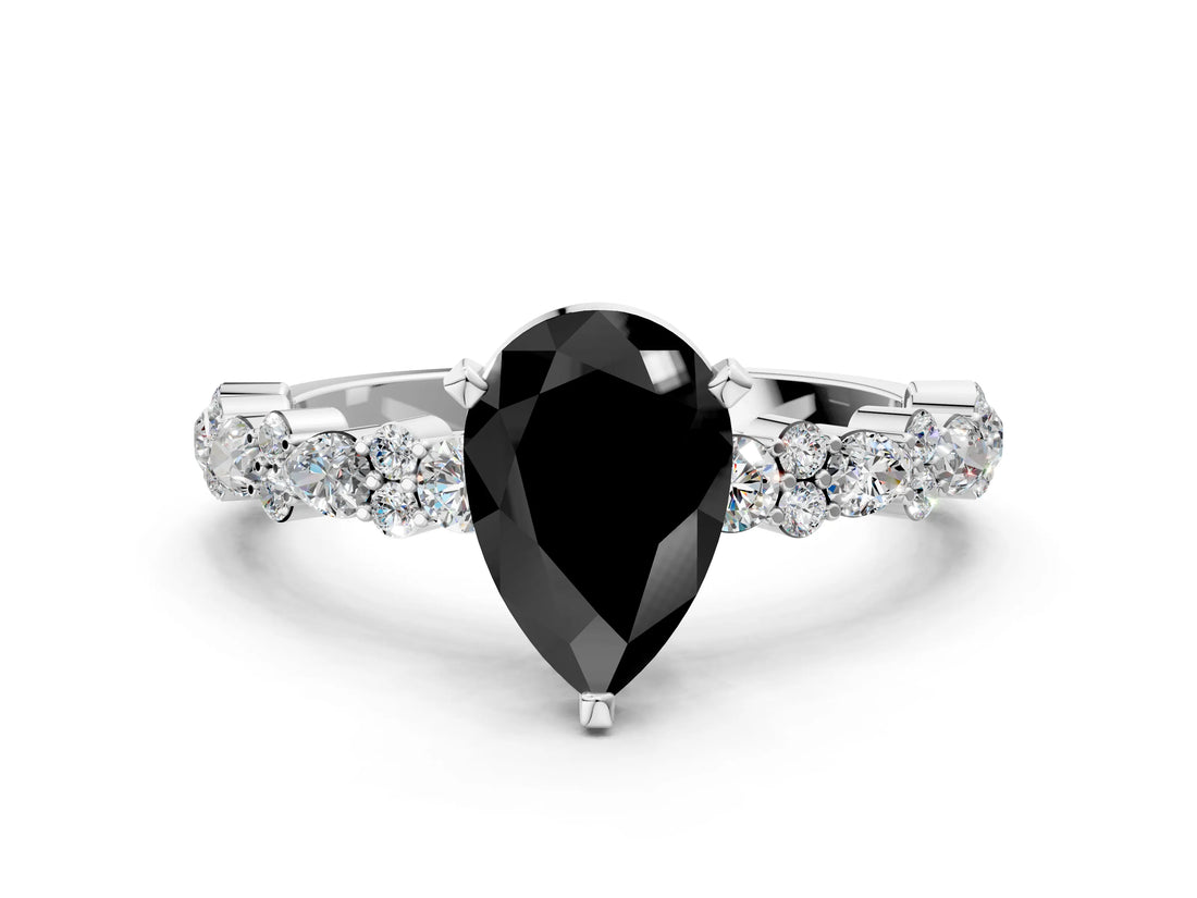 White gold Fancy Black Pear Cut Diamond Side Stone Solitaire Ring with Round  and Four-Prong Setting_48