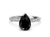 White gold Fancy Black Pear Cut Diamond Solitaire Engagement Ring with Pavé Band and Prong Setting