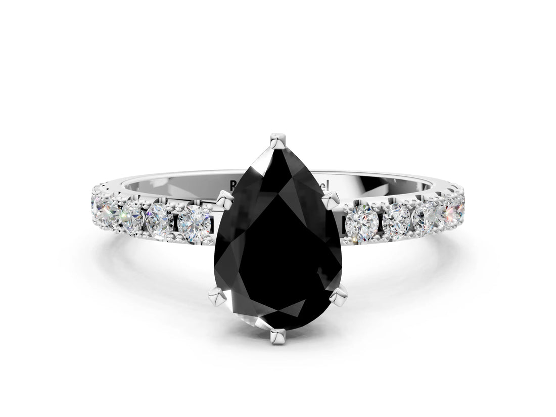 White gold Fancy Black Pear Cut Diamond Solitaire Pavé Band with Four-Prong Setting