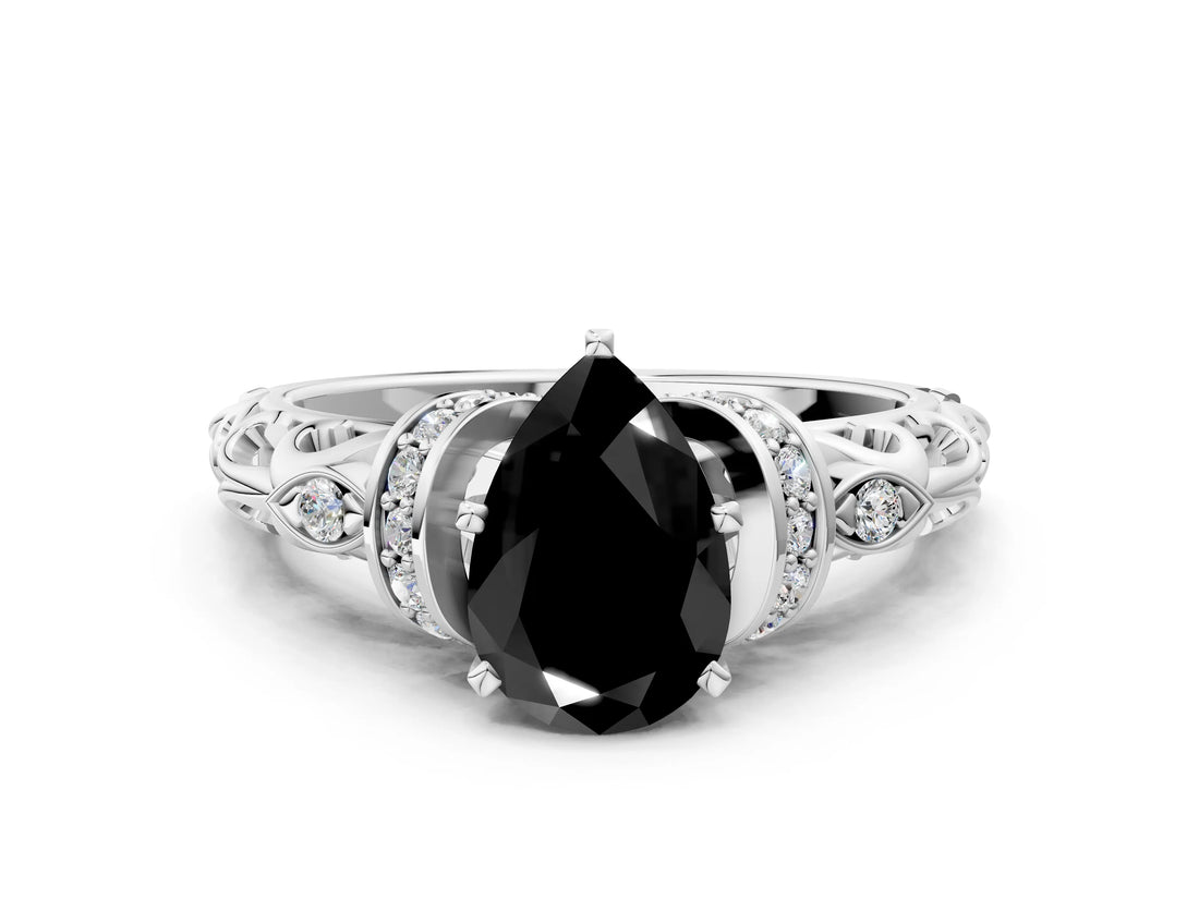 White gold Fancy Black Pear Cut Diamond Solitaire Ring with Filigree Band and Four-Prong Setting_12