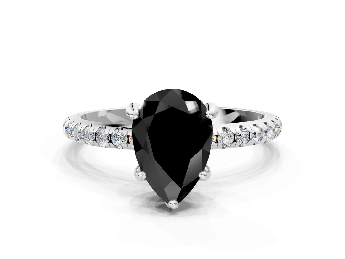 White gold Fancy Black Pear Cut Diamond Solitaire Ring with Four-Prong Setting and Pavé Band_15