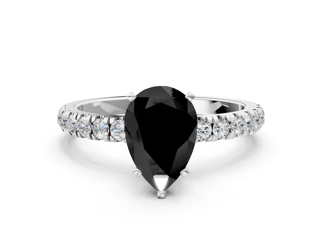 White gold Fancy Black Pear Cut Diamond Solitaire Ring with Pavé Accents and Four-Prong Setting