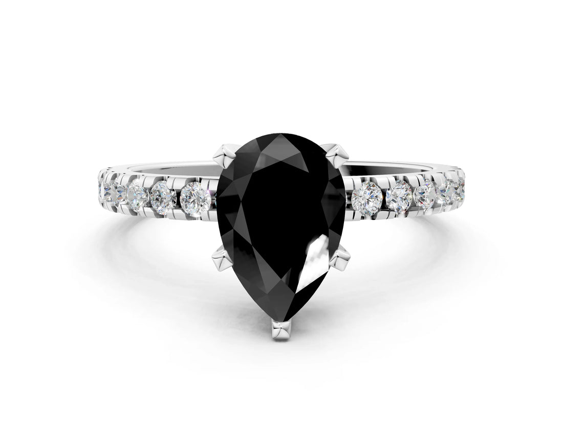 White gold Fancy Black Pear Cut Diamond Solitaire Ring with Pavé Band and Four-Prong Setting_24