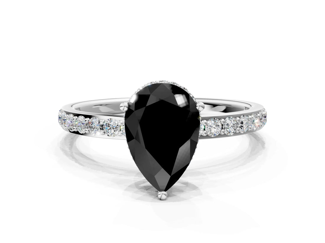 White gold Fancy Black Pear Cut Diamond Solitaire Ring with Pavé Band and Hidden Halo_48