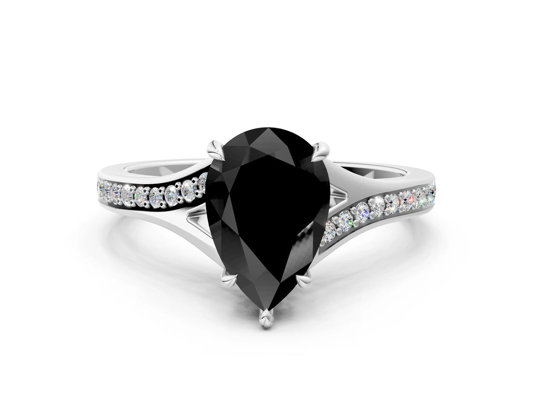 White gold Fancy Black Pear Cut Diamond Solitaire Ring with Pavé Band and Prong Setting_12