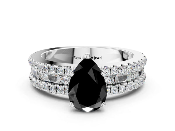 Platinum Pear-Shaped Pave and Baguette Engagement Ring Setting for Black Center