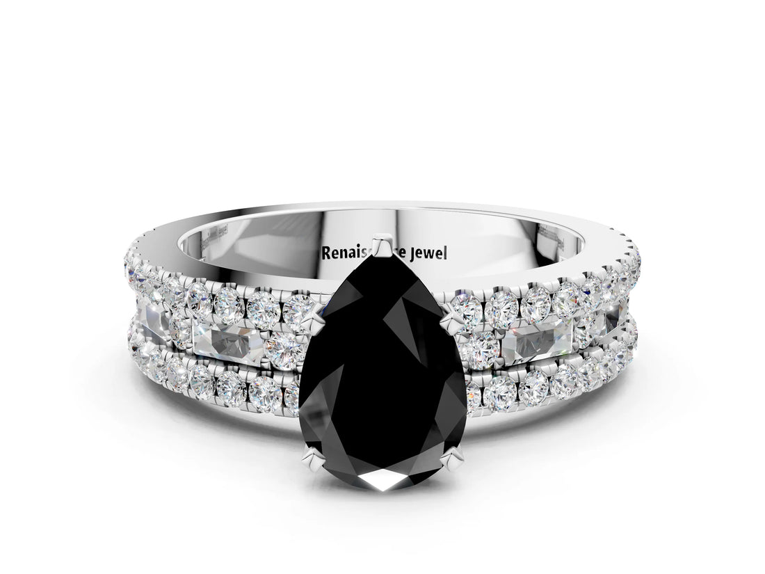White gold Fancy Black Pear Cut Diamond Solitaire Ring with Pavé and Channel Set Band