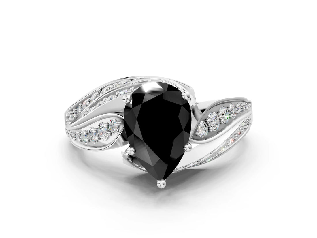White gold Fancy Black Pear Cut Diamond Solitaire Ring with Prong Setting and Twisted Pavé Band_12