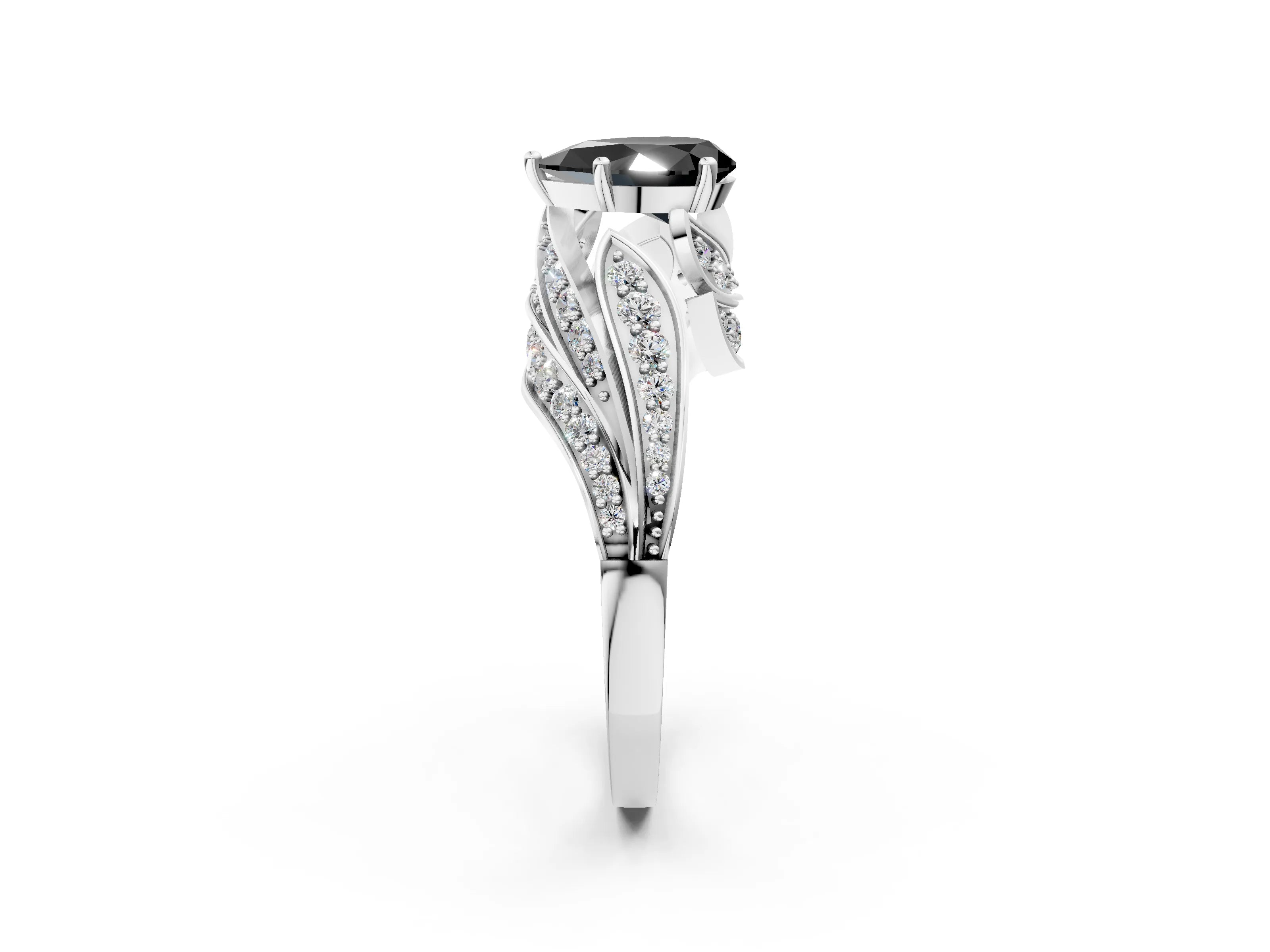White gold Fancy Black Pear Cut Diamond Solitaire Ring with Prong Setting and Twisted Pavé Band_14