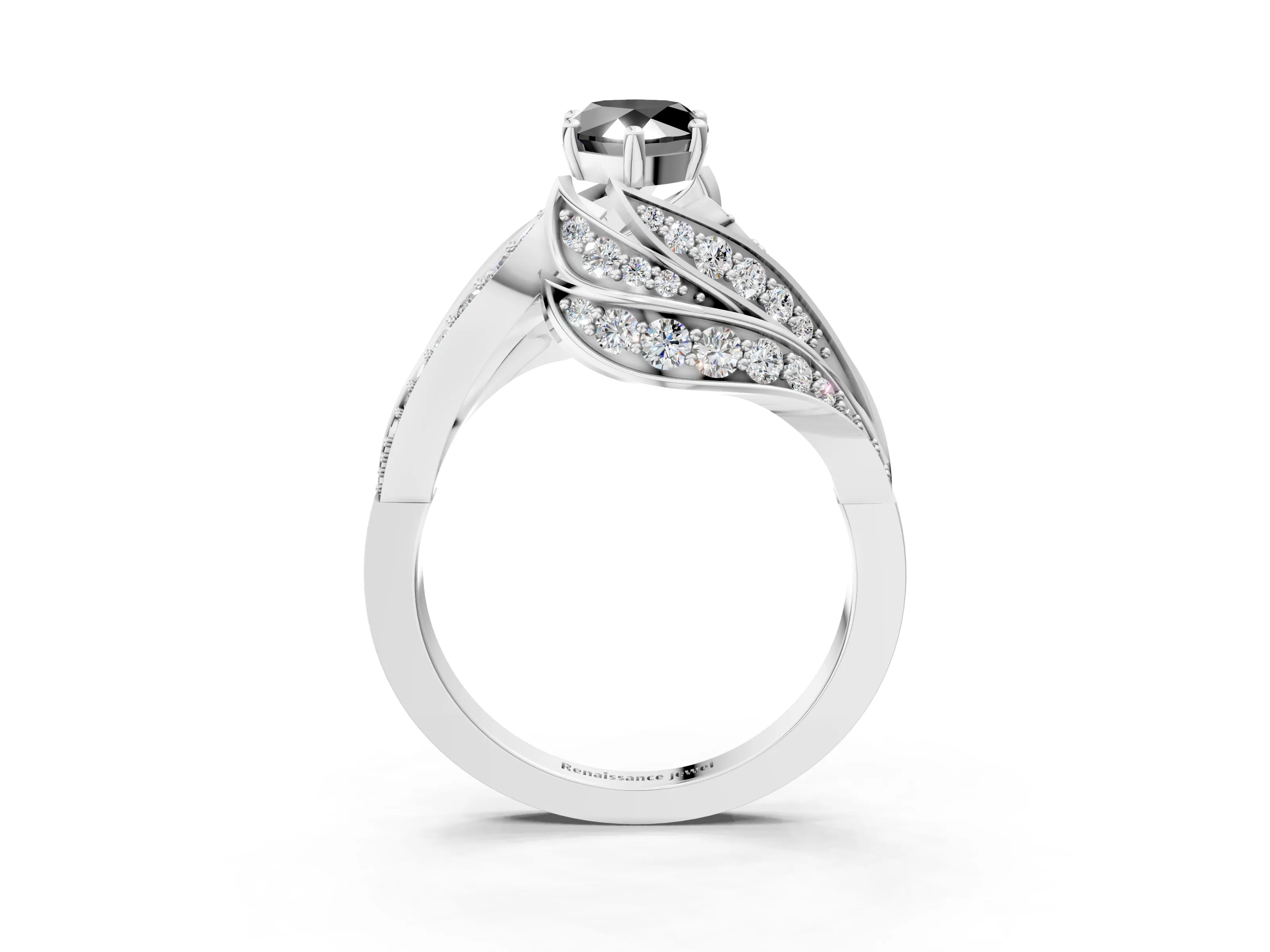 White gold Fancy Black Pear Cut Diamond Solitaire Ring with Prong Setting and Twisted Pavé Band_15