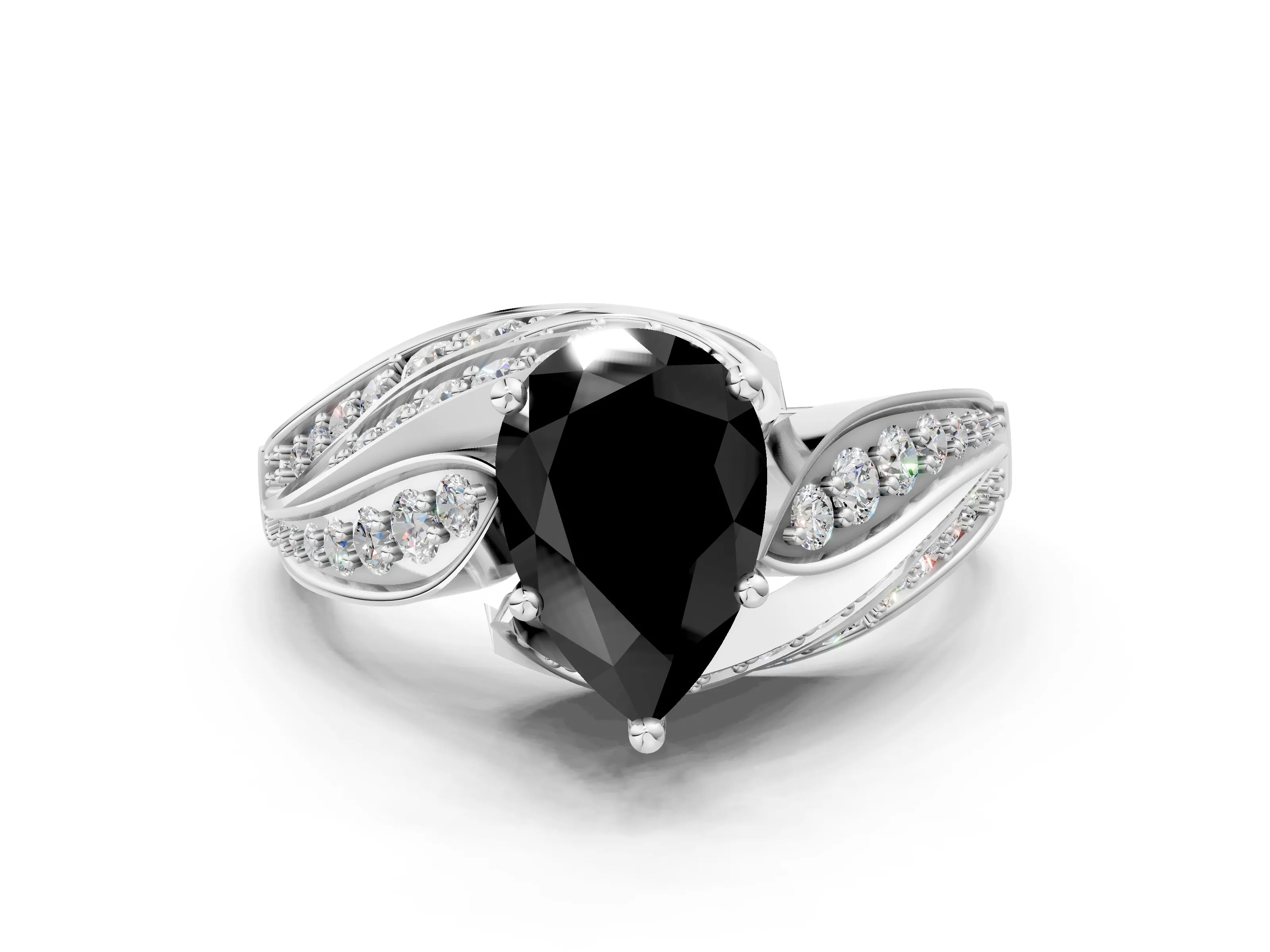 White gold Fancy Black Pear Cut Diamond Solitaire Ring with Prong Setting and Twisted Pavé Band