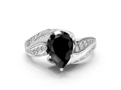 White gold Fancy Black Pear Cut Diamond Solitaire Ring with Prong Setting and Twisted Pavé Band