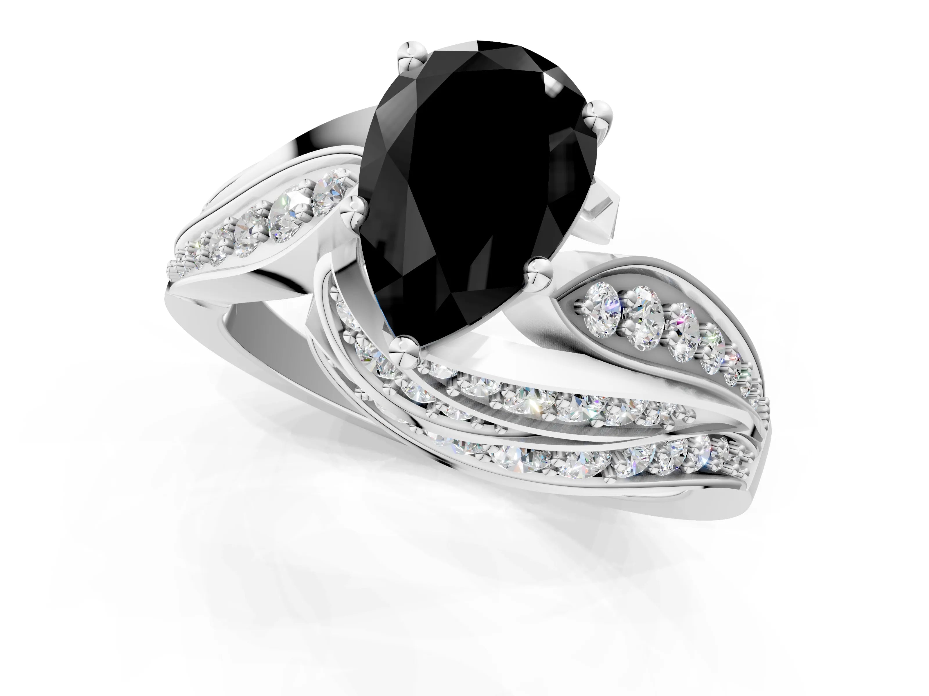 White gold Fancy Black Pear Cut Diamond Solitaire Ring with Prong Setting and Twisted Pavé Band_1