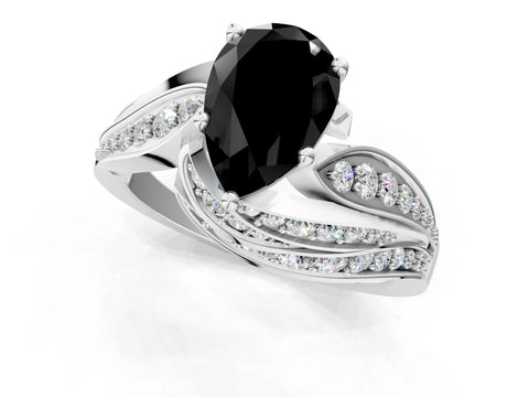 White gold Fancy Black Pear Cut Diamond Solitaire Ring with Prong Setting and Twisted Pavé Band_1