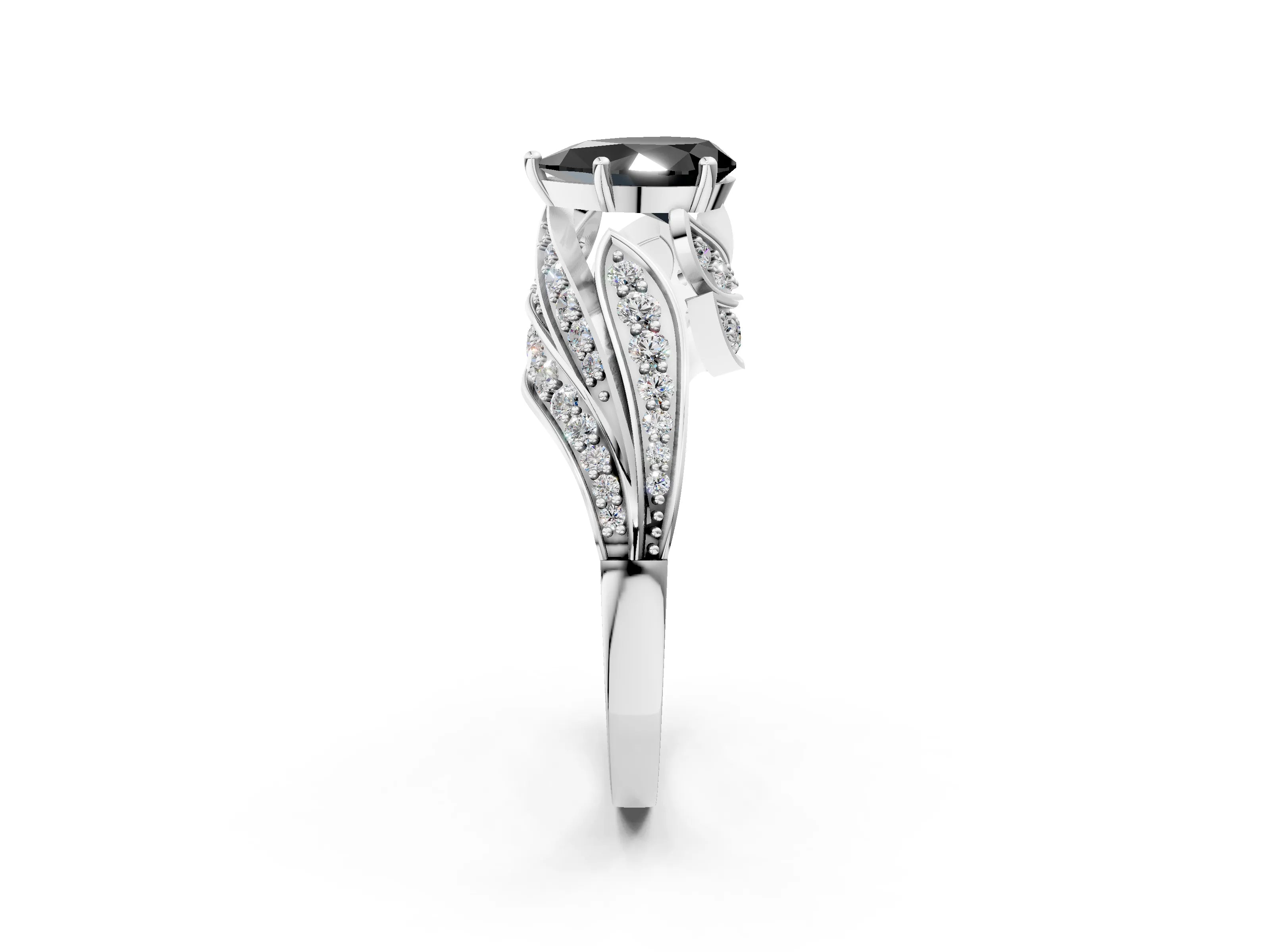 White gold Fancy Black Pear Cut Diamond Solitaire Ring with Prong Setting and Twisted Pavé Band_2