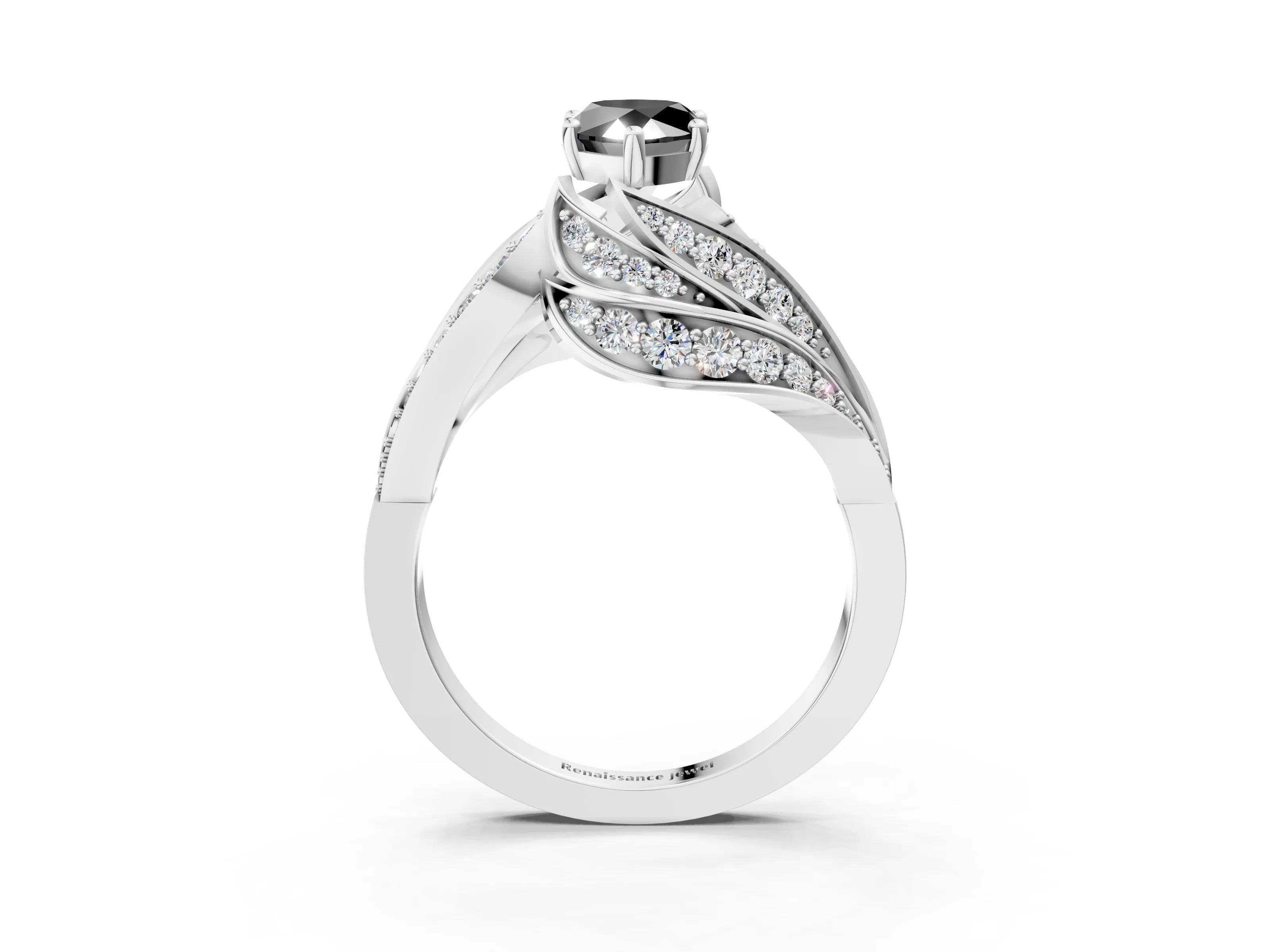 White gold Fancy Black Pear Cut Diamond Solitaire Ring with Prong Setting and Twisted Pavé Band_3