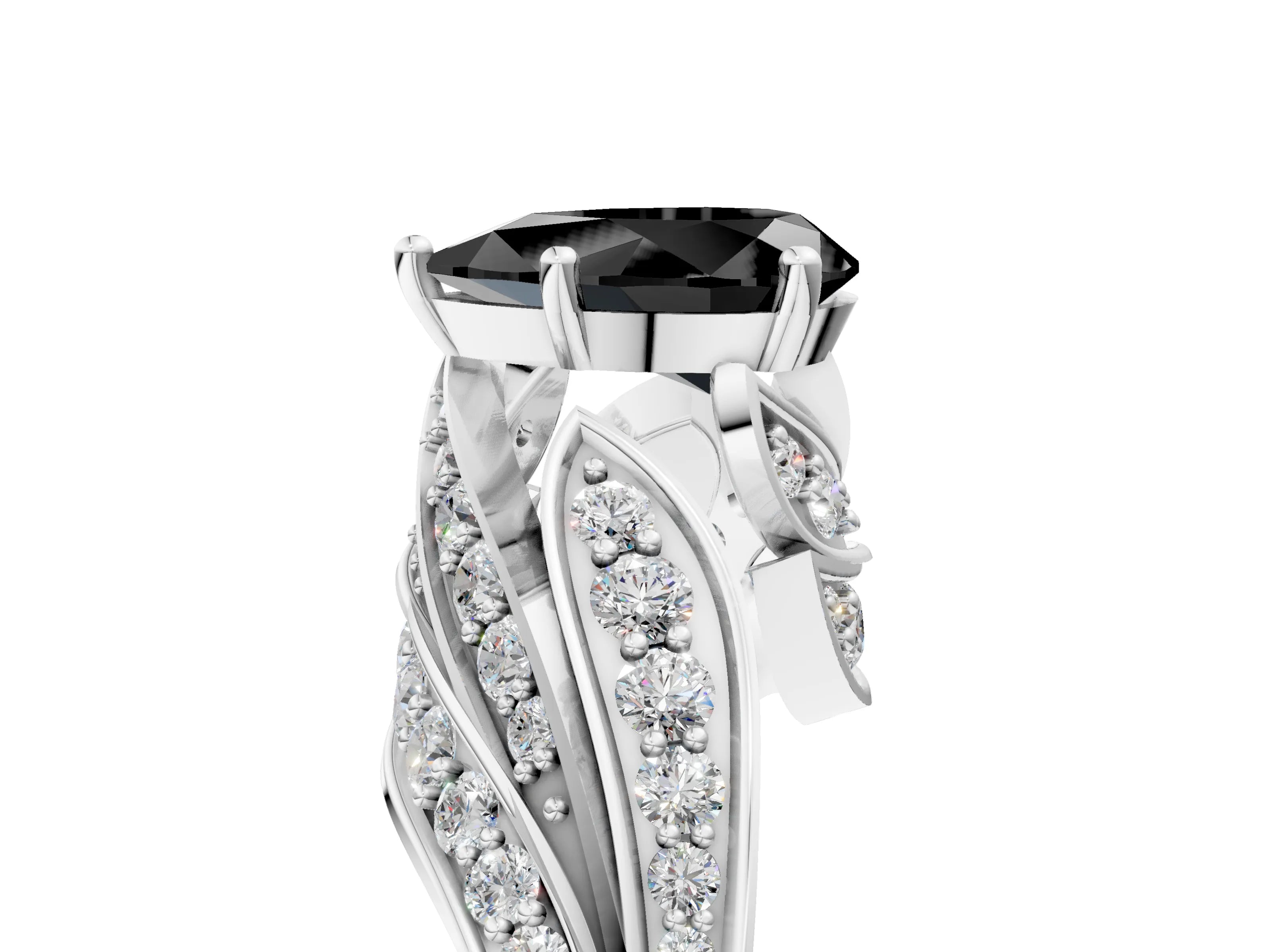 White gold Fancy Black Pear Cut Diamond Solitaire Ring with Prong Setting and Twisted Pavé Band_5