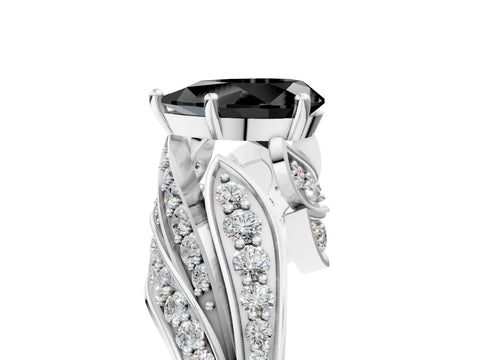 White gold Fancy Black Pear Cut Diamond Solitaire Ring with Prong Setting and Twisted Pavé Band_5