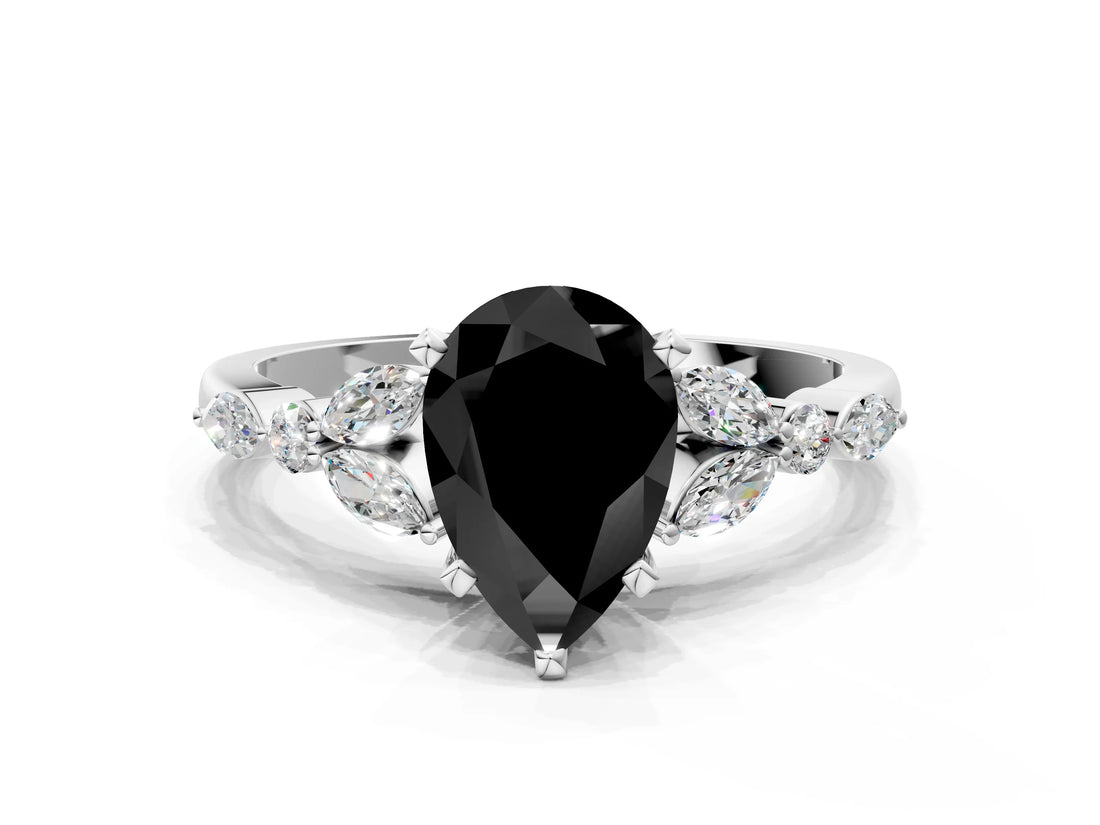 White gold Fancy Black Pear Cut Diamond Solitaire Ring with Side Stones and Four-Prong Setting_36