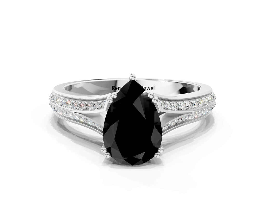 White gold Fancy Black Pear Cut Diamond Split Shank Engagement Ring with Pavé Band