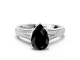 White gold Fancy Black Pear Cut Diamond Split Shank Engagement Ring with Pavé Band