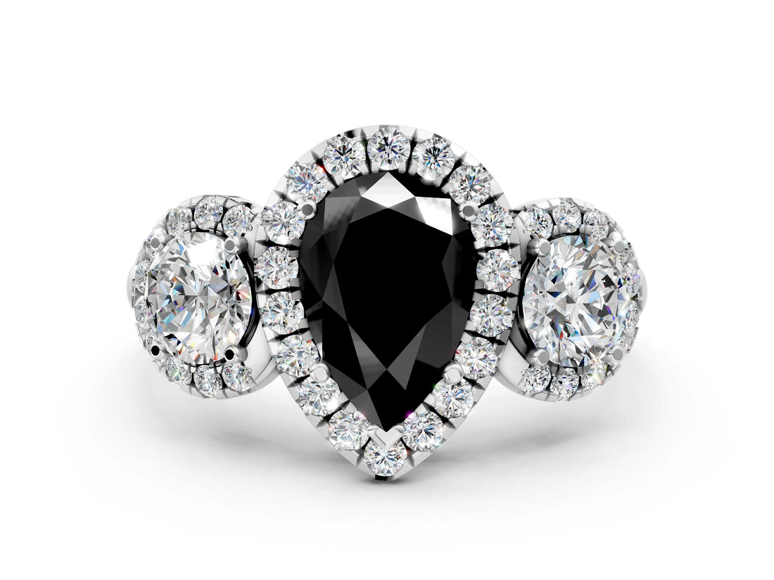 White gold Fancy Black Pear Cut Diamond Three-Stone Halo Ring with Prong Setting and Pavé Accents
