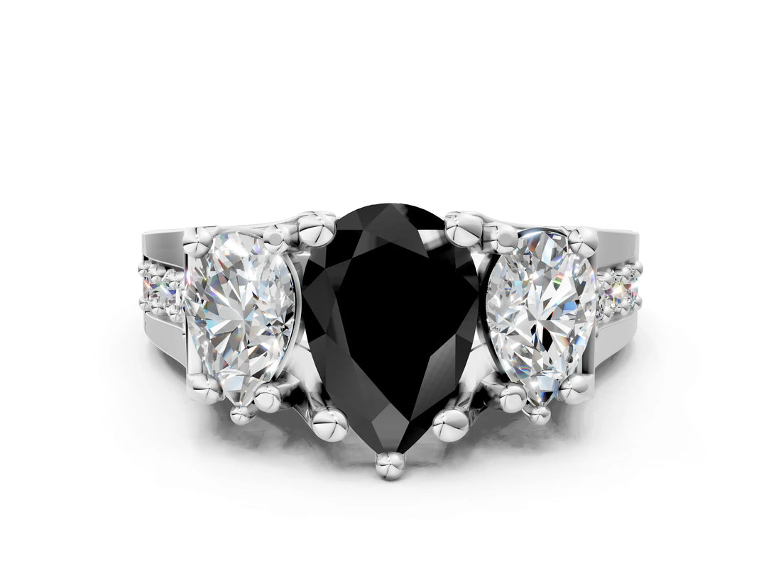 White gold Fancy Black Pear Cut Diamond Three-Stone Ring with Channel Set Band and Four-Prong Setting_24
