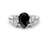 White gold Fancy Black Pear Cut Diamond Three-Stone Ring with Four-Prong Setting and Classic Band
