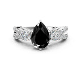 White gold Fancy Black Pear Cut Diamond Three-Stone Ring with Pavé Split Shank and Four-Prong Setting