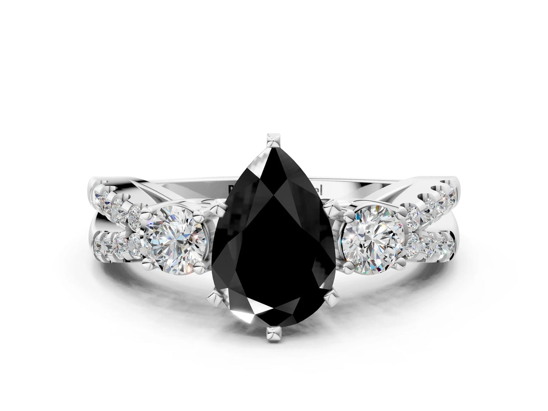 White gold Fancy Black Pear Cut Diamond Three-Stone Ring with Pavé Split Shank and Four-Prong Setting