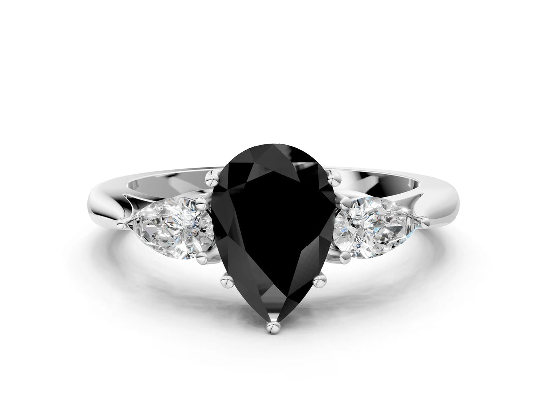 White gold Fancy Black Pear Cut Diamond Three-Stone Ring with Pear  Side Stones and Prong Setting_72
