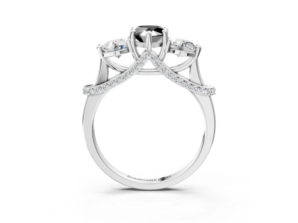 White Gold Pear-Shaped Curved Pave Three Stone Engagement Ring Setting for Black Center