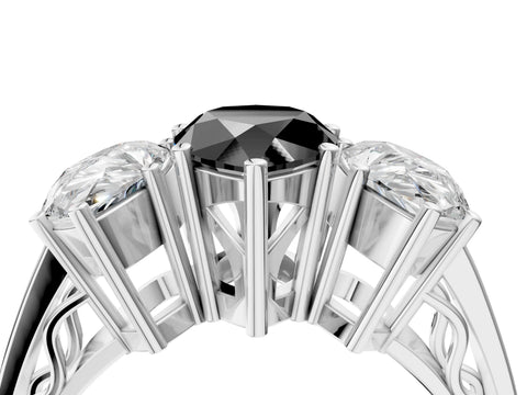 White gold Fancy Black Pear Cut Diamond Three-Stone Ring with Prong Setting and Textured Band_12
