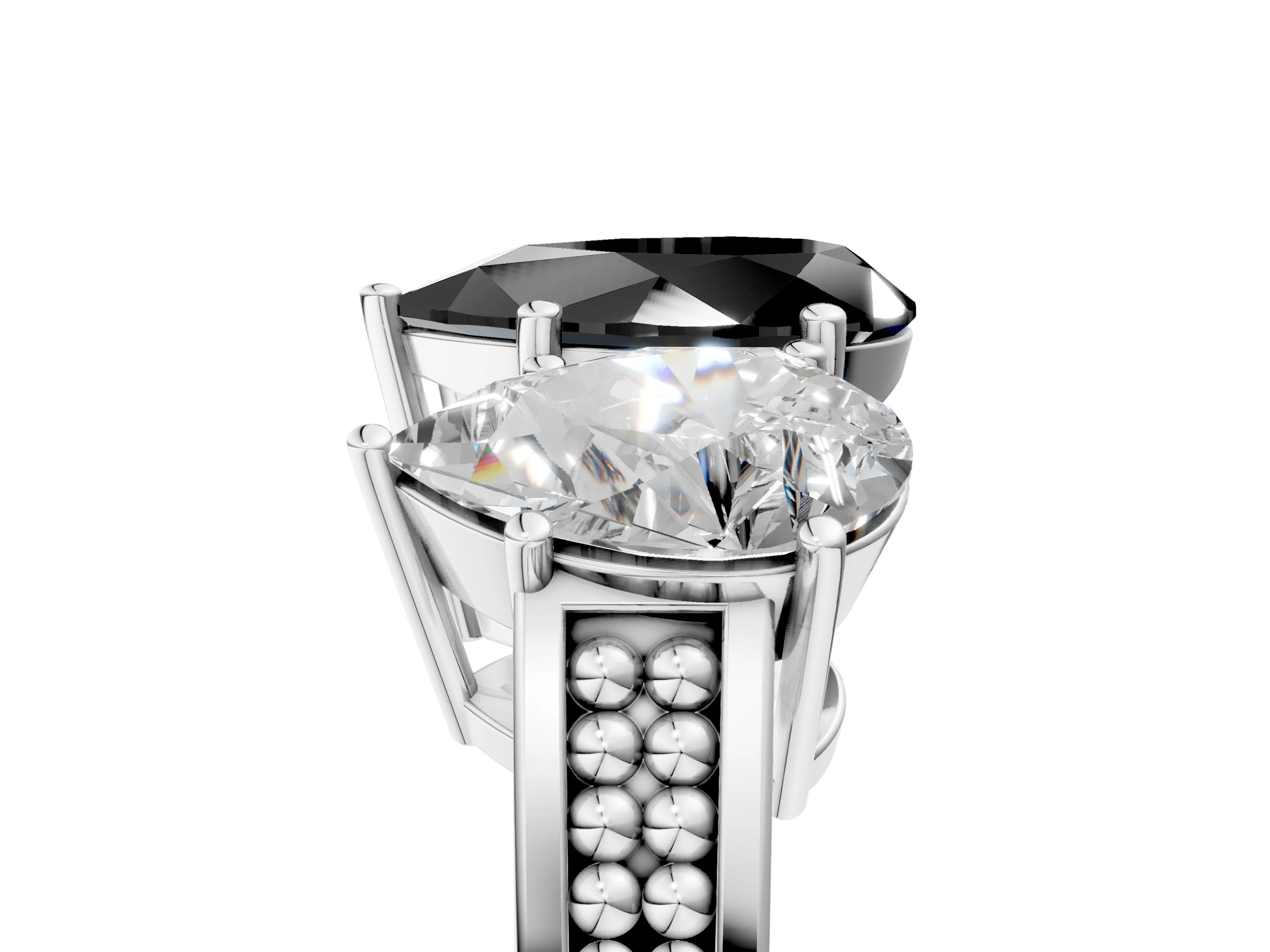 White gold Fancy Black Pear Cut Diamond Three-Stone Ring with Prong Setting and Textured Band_17