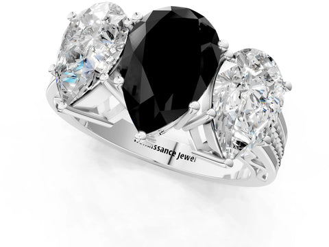 White gold Fancy Black Pear Cut Diamond Three-Stone Ring with Prong Setting and Textured Band_1